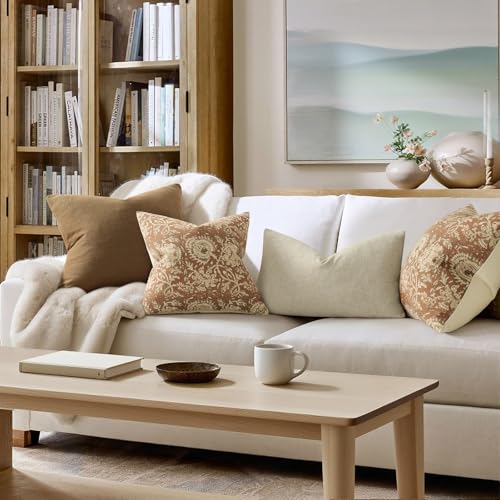 Vintage Floral Print Throw Pillow Covers 22x22 Set of 2 Neutral Modern Farmhouse Accent Decorative Cushion Covers Boho Home Decor for Couch Sofa Chair Bed Living Room, Cognac - color: Cognac, size: 22" x 22" (Pack of 2)