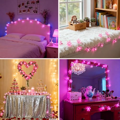 JACUXLSS Pink Cherry Blossom Flower Lights String Indoor Decor, 33Ft 100 LED Decorative Hanging Hot Aesthetic Fairy Floral Lamp for Bedroom Decorations When Valentine's Day, Wedding Party, Christmas - color: Pink