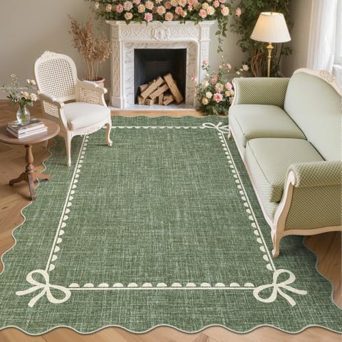 GarveeHome Scalloped Bow Rug for Living Room, Solid Green Rug for Dorm, Washable Rugs 8x10 Soft Low Pile Non Slip Scalloped Rugs for Nursery College Bedroom Decor Kids Room Playroom - color: Green, size: 8' x 10' (Rectangular)