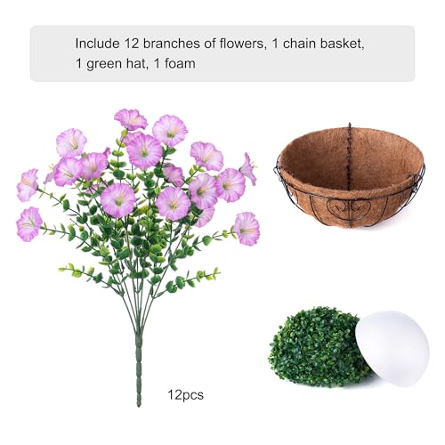 Artificial Faux Hanging Plants Flowers Basket for Outdoor Outside Spring Summer Decoration, Silk Purple Morning Glory in Planter UV Resistant Look Real Fake Flowers for Porch Patio Balcony Home Yard - color: Gradient Purple