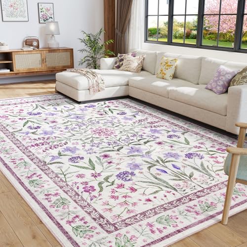 Amearea 8x10 Area Rugs for Living Room, Washable Area Rugs 8 x 10 Purple Floral Rug, Vintage Low Pile Cute Kids Girls Room Print Carpet, Non Slip Office Nursery Bedroom Dining Room Farmhouse Decor - color: Purple, size: 8x10 Feet