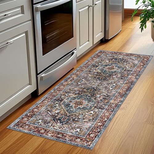 KOZYFLY Runners for Hallways 2x5 Ft Washable Kitchen Runner Rug Boho Runner Rug for Entryway Indoor Printed Oriental Faux Wool Floor Carpet Runner for Laundry Room Kitchen Hall, Brick Red/Orange/Green - color: Brick Red/Orange/Green, size: 2' x 5' (Runner
