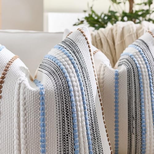 Pack of 2 Boho Throw Pillow Covers,Blue Brown White Striped Farmhouse Decorative Square Textured Woven Pillowcase for Sofa Couch Bed Living Room Decor,18x18 Inch