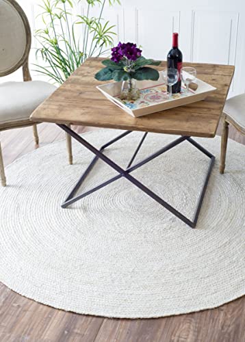 Jute Rug 4ft Round Area Rug Hand Woven Jute Beige Braided Boho Rug for Living Room Outdoor Bedroom Kitchen Entryway Farmhouse Hallway, Rustic Vintage Natural Reversible Floor Rugs: Off White - color: Off-white, size: 4' (Round)