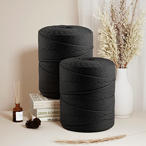 Macrame Cotton Cord 4mm x 547yds, ZUEXT Natural Handmade Black Braided Cords 4 Strands Knitted Rope String for Craft Wall Hanging Weaving Tapestry Dream Catchers Hanger DIY Gift (500m) - color: Black, style: 4mm x 500m