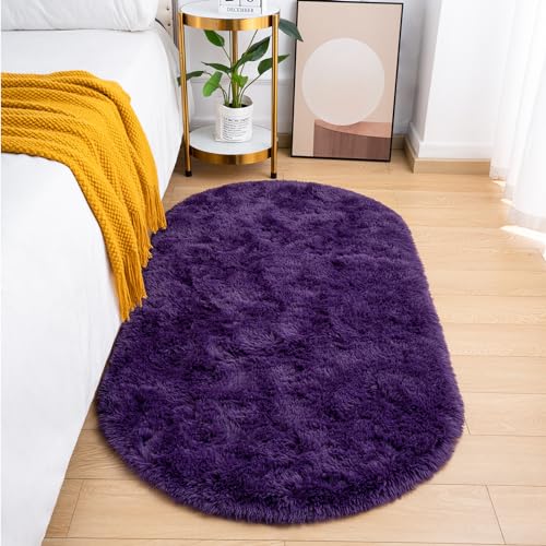 Goideal Fluffy Bedroom Rug, Small Oval Area Rugs, Purple Shag Bedside Carpet for Kids Room Nursery Dorm Cute Fuzzy Indoor Decor for Boy and Girl, 2.6 x 5.3 Feet - color: Grape Purple