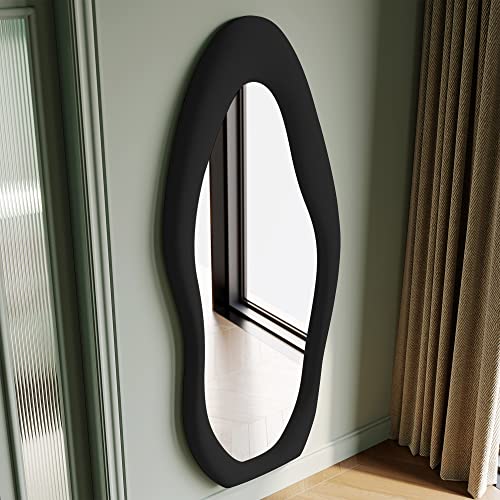 Honyee Full Length Mirror, 63" x 24" Wall Mirror, Flannel Wrapped Wooden Frame Floor Mirror, Irregular Wavy Mirror Hanging or Leaning Against Wall for Cloakroom/Bedroom/Living Room, Black - color: Black, size: 63"L x 24"W