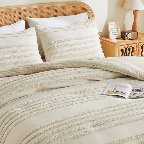 BEDELITE Boho King Size Comforter Set - Beige Tufted Striped Bed Set 3 Pieces, Soft Vintage Farmhouse Comforter for All Seasons, Boho Home Decor,Fluffy Jacquard Bedding with Pillow Sham - color: Beige, size: King