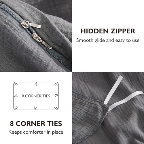 EMME Muslin Cotton Duvet Cover Set Queen Size Linen Like Soft Breathable Lightweight Summer Comforter Cover Set with Zipper Closure (Dark Grey, Queen, 90"x90") - color: 05 - Dark Grey, size: Queen(90"×90")