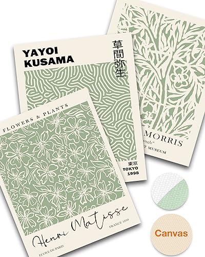 HesenDot Matisse Sage Green Wall Art Set of 3,William Morris Wall Art Decor,12x16IN Truly Quality Canvas Wall Art Pictures,Yayoi Kusama Print, Unframed Fabric wall art,Art poster decoration for - color: Sage Green Wall Art Unframed, size: 16"L x 12"W
