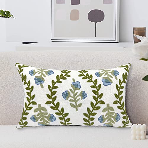 Alysheer Summer Floral Embroidered Decorative Throw Pillow Cover 12"x 20", Farmhouse Blue Flowers Green Leaves Patterned Cotton Canvas Lumbar Cushion Case for Sofa Couch Living Room Cottage Decor - color: Blue, size: 20" x 12" (Pack of 1)