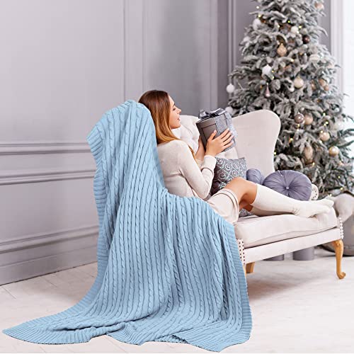 uxcell 100% Cotton Knitted Throw Blanket for Sofa and Couch Soft Lightweight Cable Knit Blanket Home Decors Blanket, Columbia Blue 50" x 60" - color: Columbia Blue, size: Throw (50" *60")
