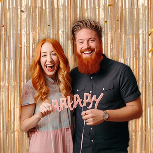 DECOCKRAT 2 Pack Foil Fringe Backdrop - Laser Champagne Shiny Tinsel Curtains for Party Decoration/Photo Booth Props - 3.3x6.6 FT Metallic Foil Backdrop for Birthday, Wedding, Graduation, Christmas. - color: Laser Champagne