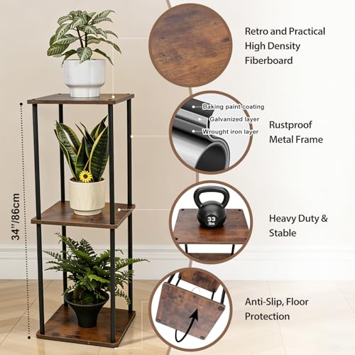 Vigordream Plant Stand Indoor Outdoor 3 Tier Metal Plant Shelf Tall Pedestal Stand Flower Pot Stands Multiple Planter Support Rack for Corner Living Room, Balcony, Garden Patio (Retro Brown, 34 INCH) - size: 34 INCH