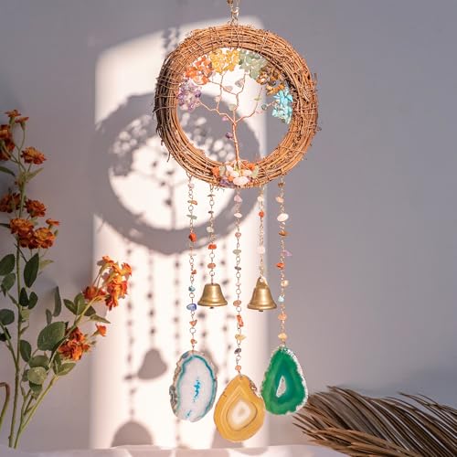 Handmade Natural Rattan Dream Catcher with Gemstones, Wind Chimes & 6-Color Life Tree–Boho Wall Hanging Decor for Home, Bedroom, Garden–Unique Gift for Housewarming, Birthday, Christmas - style: Rattan-Whine