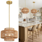 12.4" Rattan Pendant Light,1-Light Boho Chandelier Light Fixture Farmhouse Rattan Hanging Ceiling Lighting Fixture for Dining Room, Living Room, Kitchen Island, Bedroom, Hallway, Foyer - size: 12.4″ Brown