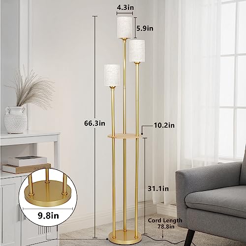 Floor Lamps for Living Room, 3-Lights Modern Floor Lamp with Shelves, Gold Standing Lamp with Fabric Shade and Foot Switch, Shelf Standing Lamps with Table, Tall Table Lamps for Bedroom Office - style: Gold-Fabric Shade