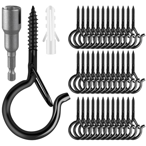 FSAH 96 PCS Q-Hanger Hooks, Screw Hooks for Outdoor String Lights, Safety Buckle Design Cup Eye Hook for Hanging Christmas Lights, Plants, Mounted on Wall Ceiling, Include 1 Wing Nut Driver, Black - color: Black, size: 96 Pcs