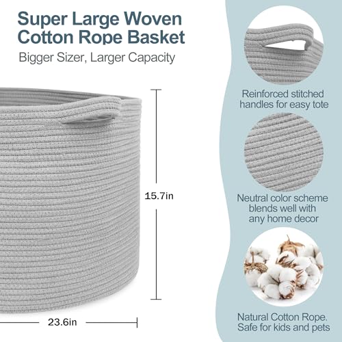MEGASKET 115L Super Large Gray Blanket Basket, 23.6"x15.7" Woven Cotton Rope Storage Basket for Laundry, Towel, Pillow, Oversized Kids Dog Toy Storage Bin, Grey XXXL Blanket Holder for Living Room - color: Gray, size: 23.6"x23.6"x15.7"