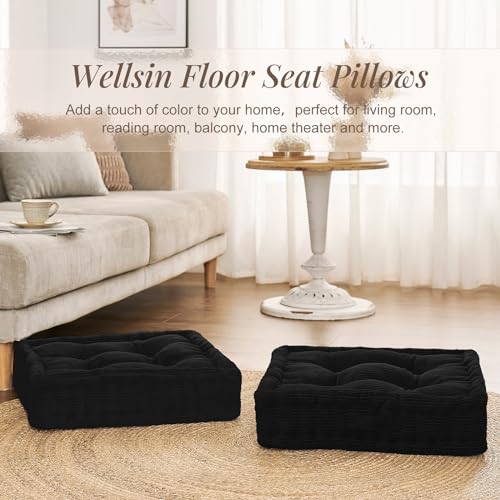Wellsin Square Floor Pillows for Adults Kids - Meditation Floor Pillow Seating Cushion - Tufted Floor Cushion with Shredded Foam & Velvet Cover, 1 Pack, 20x20 Inch, Black - color: Black, size: 1 Pack (20"x20")