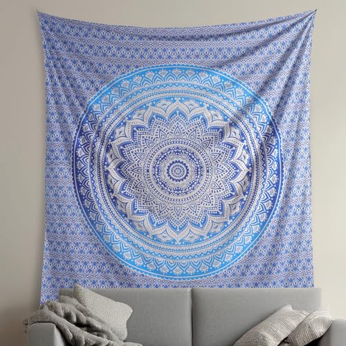 THE ART BOX Aqua Blue Cotton Tapestry Mandala Wall Hanging – Tapestry for Bedroom – Boho Room Decor – Small Aesthetic Tapestry 54x60 Inches - color: Blue and White, size: 54"L x 60"W