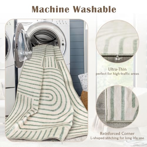 LUXRUG 3x5 Washable Area Rug - Small Entryway Rug Non-Slip Sage Green Abstract Rainbow Kitchen Rugs Modern Boho Carpet Throw Rugs for Living Room Bedroom Bathroom Dorm Nursery Room Home Decor - color: Sage Green, size: 3' x 5' (Rectangular)
