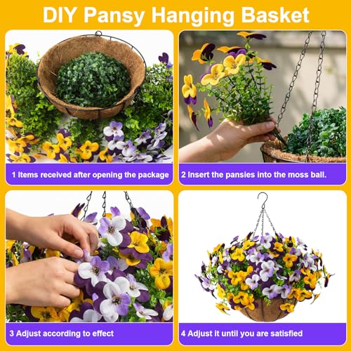 2 Set Artificial Outdoor Pansy Flowers with Hanging Baskets, 2 Hanging Baskets with 24 Pcs Silk Flowers for Spring Easter Decorations Porch Patio Home Decor (2, Purple, Yellow, White, Light Purple) - color: Purple, Yellow, White, Light Purple