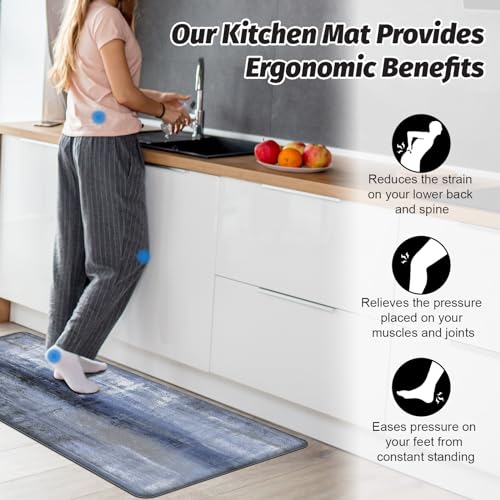 MAYHMYO Anti Fatigue Kitchen Mat - Set of 2 - Blue and Marble Design Comfort Mats - Cushioned, Non Slip Floor Mat - color: Blue, size: 29"L X 17.3"W X 0.4"Th + 47"L X 17.3"W X 0.4"Th