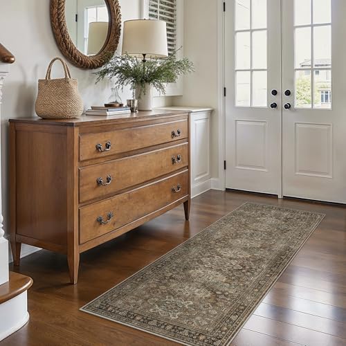 Bavni Washable Runner Rug 2x7, Non Slip Long Hallway Rug, Vintage Print Low Pile Ultra Thin Washable Carpet for Kitchen Bedroom, Brown - color: Brown, size: 2' x 7' (Rectangular)