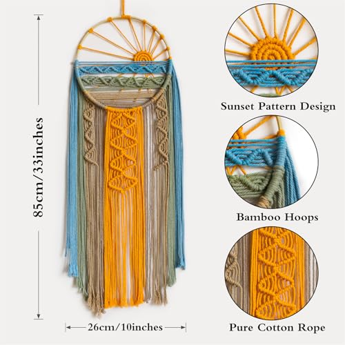 LB Macrame Wall Hanging Boho Macrame Wall Decor, Sunset Wall Art Dream Catcher Hand Woven Wall Art Boho Colorful Sun Tapestry for Bedroom Living Room Nursery Office Backdrop, 10x33 Inch - color: Orange