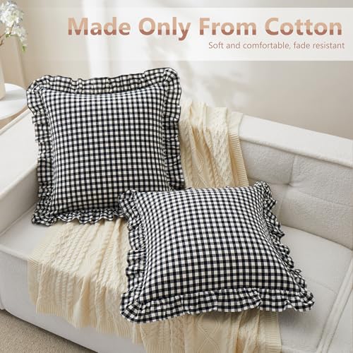 KKJIAF Ruffle Gingham Pillow Covers 26 x 26 Inches, Cotton Plaid Euro Sham Pillow Covers Set of 2, Linen Feel Ruffled Plaid Pillow Cases with Envelope Closure for Sofa Bed (Black Plaid) - color: Black Plaid, size: 26" x 26" (Pack of 2)