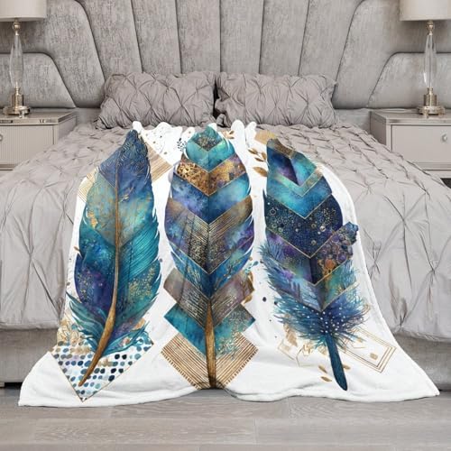 Blanket Bohemian Feather Leaf Throw Blanket for Women Men, 50"x60" Vintage Gold Geometry Plush Flannel Throws, Decor for Bed Couch Bedroom - color: Bohemian Feather Leaf, size: 50"x60"