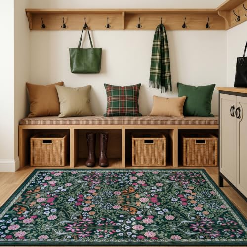 Area Rug Living Room Rugs: Floral 3x5 Washable Rug Vintage Soft Boho Non-Slip Carpet Indoor Floor Stain Resistant Large Carpets for Bedroom Dining Room Farmhouse Nursery Hallway Dark Green - color: Dark Green, size: 3' x 5' (Rectangular)