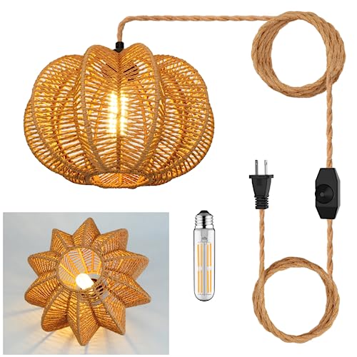 Plug in Pendant Light Rattan Hanging Lights with Plug in Cord 15FT Hemp Rope Cord, Dimmable Switch – Indoor Hanging Lamps for Boho Living Room Bedroom（Bulb Included） 11 x 7 inch - color: Cactus Shaped(Dimmable)