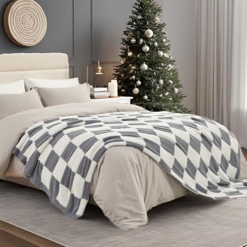 Snuggle Sac Faux Fur Throw Blanket for Couch, Cozy Soft Warm Blankets for Sofa Bedroom Living Room,Grey Checker,50x60 inches - color: Grey White, size: Throw(50"x60")