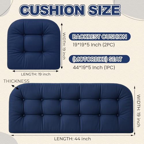 Barydat 3 Pack Wicker Furniture Cushions Waterproof Outdoor/Indoor Tufted Wicker Chair Cushions 1 Loveseat and 2 U-Shape Rattan Chairs for Patio Furniture, Rattan Love Seat, Bench(Navy Blue) - color: Navy Blue