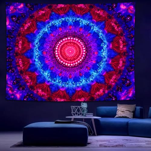 Manicer Blacklight Mandala Tapestry - UV Reactive Bohemian Red Blue Purple Floral Colorful Wall Hanging, Glow in the Dark Aesthetic Boho Wall Art Decor for Bedroom, Living Room, Dorm - 51.2" x 59.1" - color: Blue