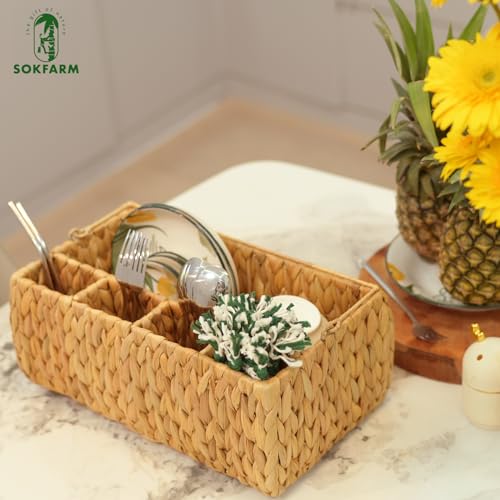Water Hyacinth Woven Storage Basket with 5 Compartments – Divided Wicker Organizer Tray with Thin Foldable Handle for Kitchen Countertop, Bathroom, Office Desk, Dining Caddy. Natural Chunky Weave