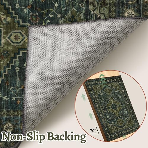 Tangsoo Oriental Small Washable Rugs for Entryway 2x3 Vintage Olive Green Rug Non Slip Small Area Rug, Front Door Boho Print Door Mat Indoor Entrance Soft Low Pile Throw Rug for Entry Kitchen Bedroom - color: Dark Blue/Green, size: 2' X 3' (Rectangular)