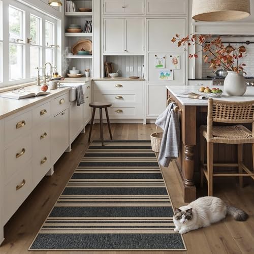 PureCozy Striped Easy Jute 2x6 Kitchen Runner Rug Black Washable Carpet for Hallway Non Slip Farmhouse Neutral Non Shedding Indoor Outdoor Long Rug Bathroom Bedroom Laundry Entryway - color: Black/Striped, size: 2' x 6' (Runner)