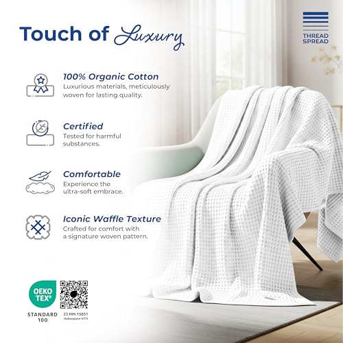 THREAD SPREAD 100% Cotton Waffle Twin Size Blanket for Bed - Soft Lightweight Breathable Waffle Weave Twin Blanket for All Season, Textured Throw Blankets for Bed, Sofa, Hotel, Hospital - White - color: Waffle - White, size: Twin / Twin XL