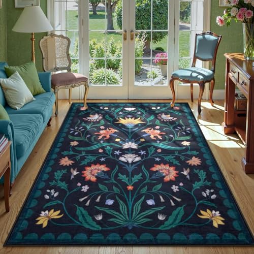 Lahome Boho Floral Washable Blue 5x7 Area Rugs for Living Room, Non Slip Rugs for Bedroom Entryway, Indoor Ultra-Thin Throw Dining Room Carpet for Under Table Kitchen Dorm(Dark Blue,5x7) - color: Dark Blue, size: 5' x 7' (Rectangular)
