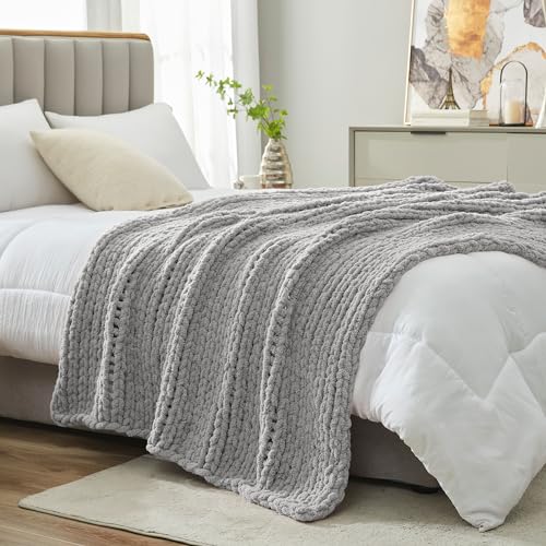 Amélie Home Chunky Knit Throw Blanket for Couch, Soft Chenille Handmade Crochet Throw Rope Knot Blanket for Couch, 50"x60", Light Grey - color: Light Grey, size: 50"x60"
