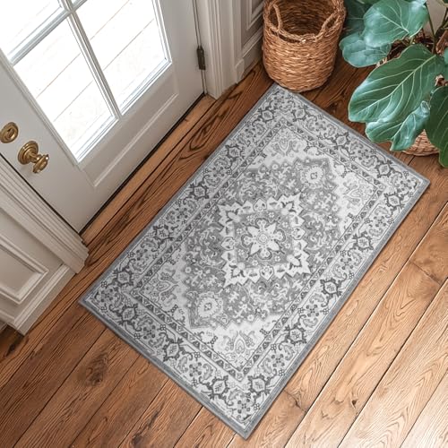Lessymo 2 x 3 Entryway Rug - Machine Washable Area Rugs Boho Faux Wool Low Pile Area Rug for Bedroom, Floral Medallion Vintage Outdoor Rugs with Non-Slip Rubber,Grey Beige - color: Grey Beige, size: 2' x 3' (Rectangular)