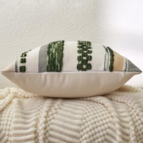 Aeckself Boho Throw Pillow Covers 18x18 Inch Set of 2, Farmhouse Decorative Striped Square Pillow Covers Chenille Tufted Pillow Cases Accent Neutral Pillowcase for Living Room Couch Bed, Dark Green - color: Dark Green