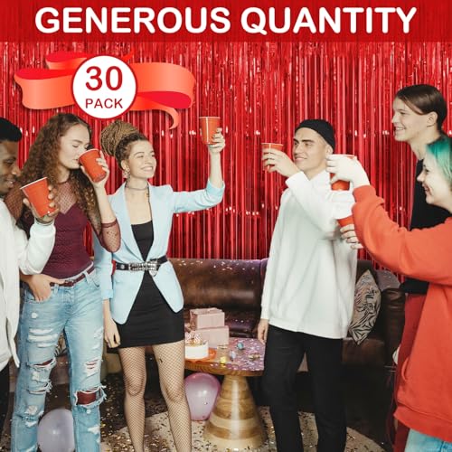 30 Pack Red Foil Fringe Curtain Backdrop, 3.3x8.2 Feet Metallic Tinsel Streamer Curtains Photo Booth Props for Wedding/Anniversary/Bridal Shower/Christmas/New Year/Valentine's Day Party Decorations - color: Red