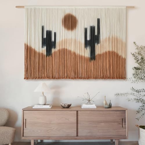 Large Macrame Wall Hanging Macrame Wall Decor 57" W x 35" L Desert Cactus Tie-Dye Large Boho Yarn Wall Decor Scale Wall Art Home Decor - color: BlackBrown