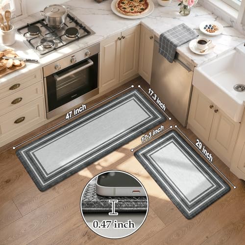 KIMODE Anti Fatigue Kitchen Mat for Floor 2PC,Kitchen Rugs Non Slip Rubber Backing,Waterproof Farmhouse Kitchen Floor Mat,Cushioned Standing Mat for Home Decor,Office,Laundry,Sink,Desk,Black and Grey - color: Black, size: 17.3" x 47 "+ 17.3" x 29 "--0.47