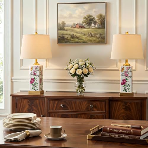 24.75" Mid Century Modern Lamp Set of 2,Vintage Farmhouse Chinoiserie Ceramic Table Lamps,Floral & Bird Pattern Bedside Lamps for Bedroom Living Room Nightstand Side Table,White & Gold - style: Floral & Bird Print