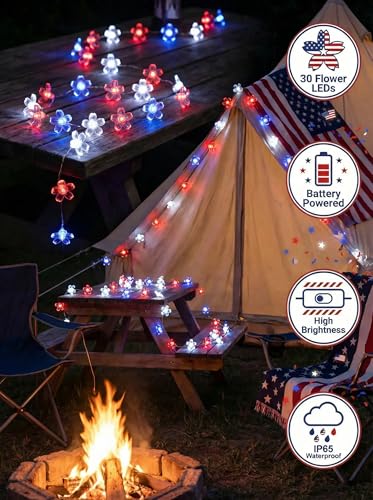 July 4th Independence Day Battery Operated Indoor String Lights 30LED Red Blue White Cherry Blossom Flower Fairy Lights Waterproof Outdoor for Memorial Day Celebration Decoration - color: Red Blue White